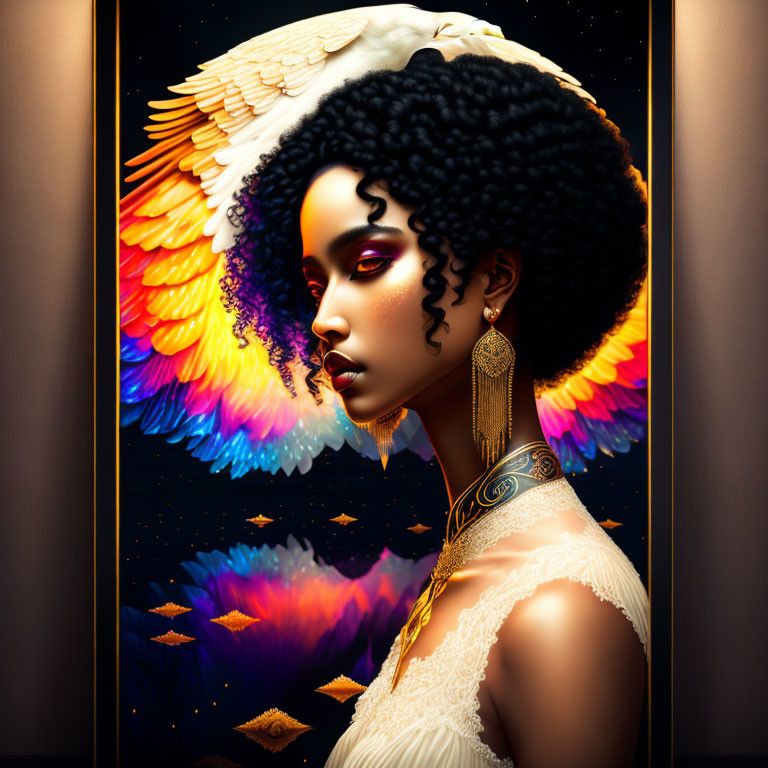 Illustrated portrait of woman with afro, gold jewelry, white dress, colorful wings, and feathers