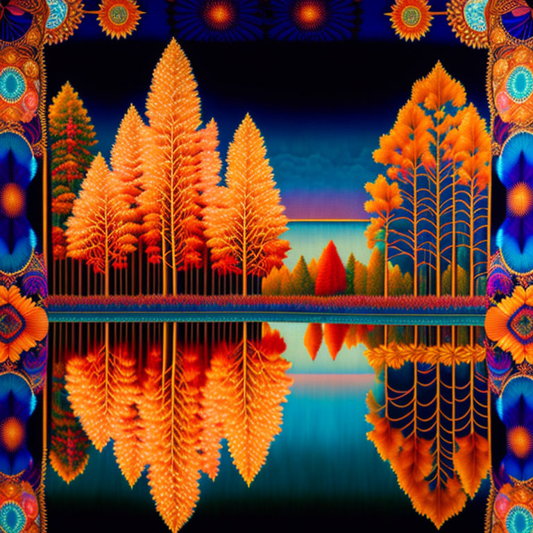 Symmetrical autumn trees reflected in water with colorful patterns