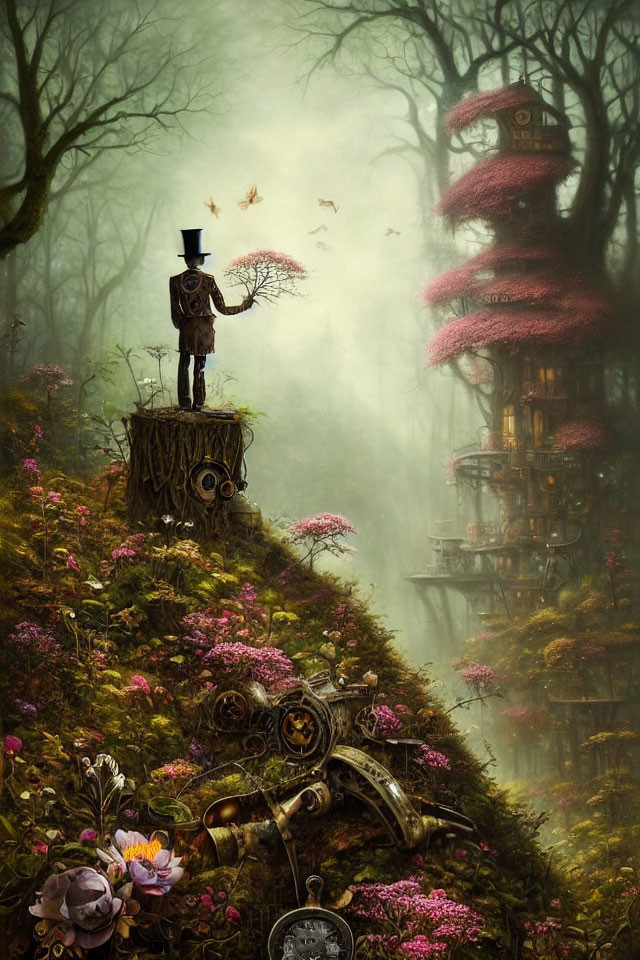 Whimsical forest with man in top hat, steampunk elements, and pink treehouses