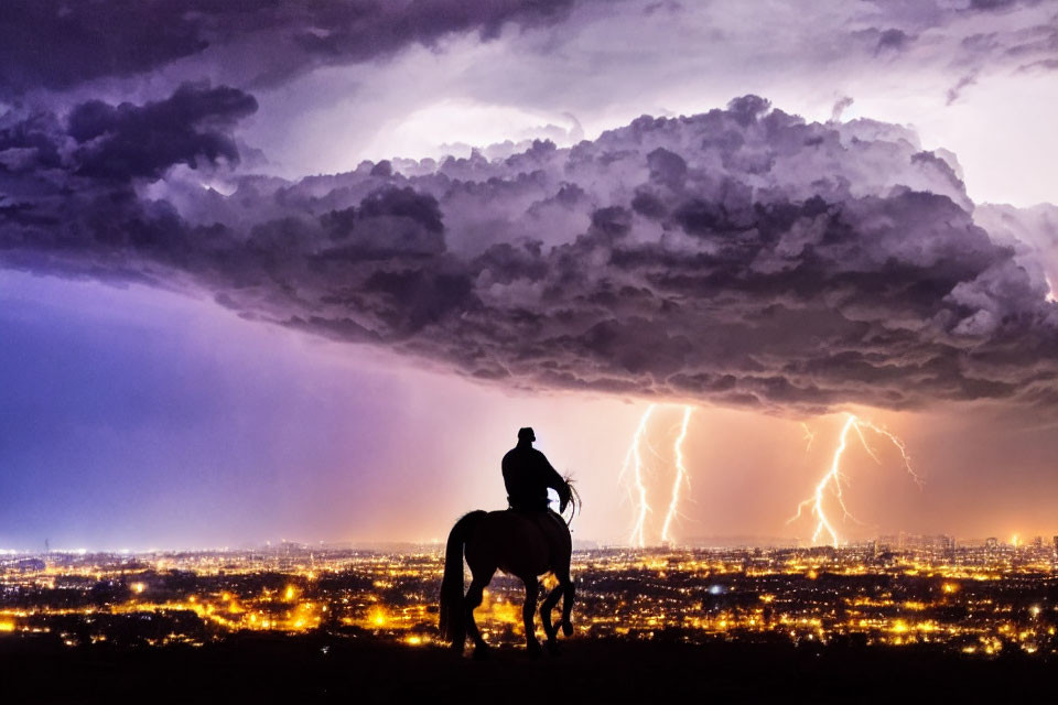 Silhouette of horse and rider against dramatic sky with cityscape and lightning.