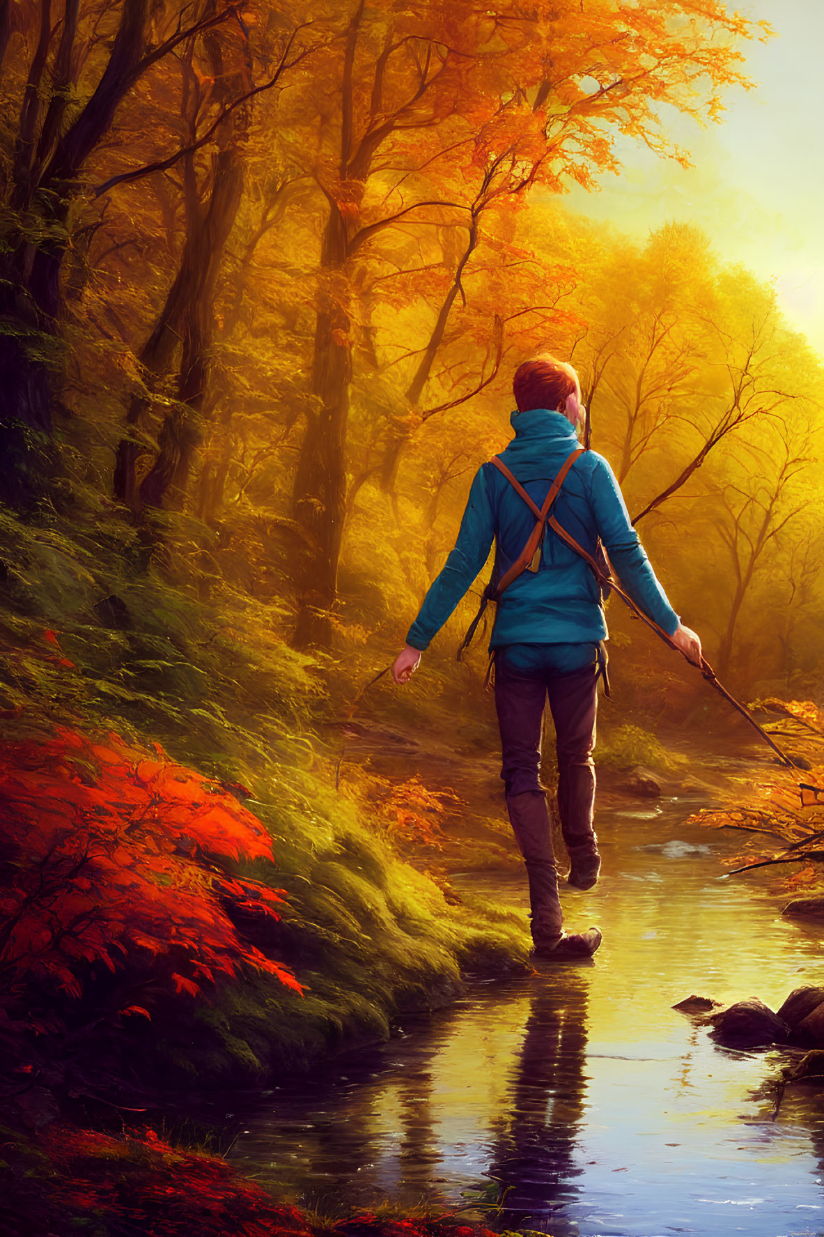 Person in Blue Jacket Walking Through Autumn Forest with Vibrant Foliage