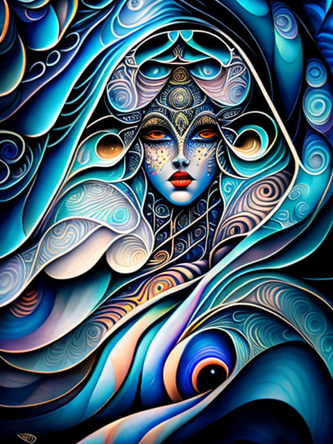 Vibrant painting of a woman with surreal eyes in blue swirls