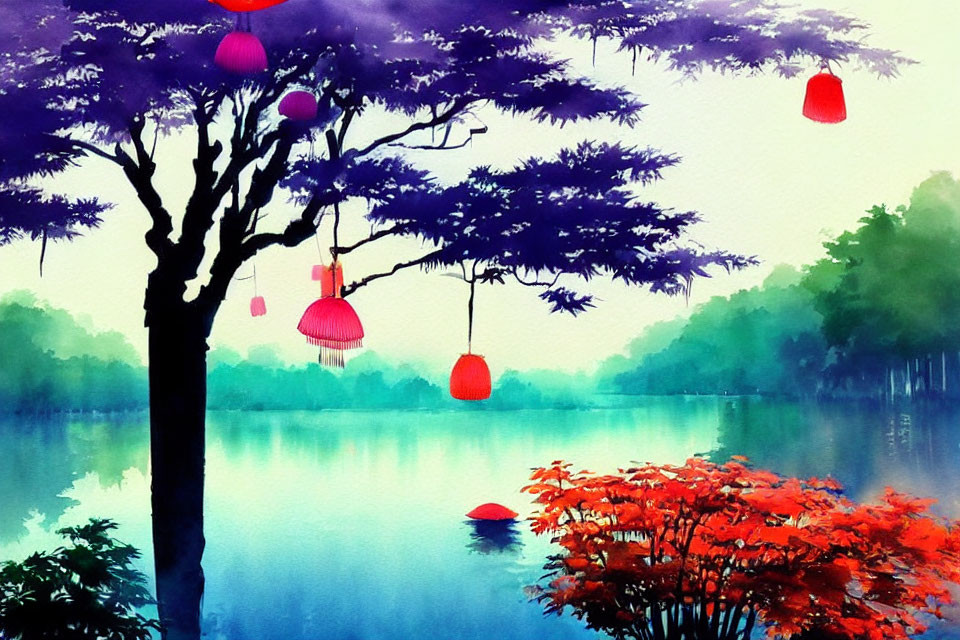 Watercolor painting of serene lake scene with red lanterns and purple tree, reflecting on water with red