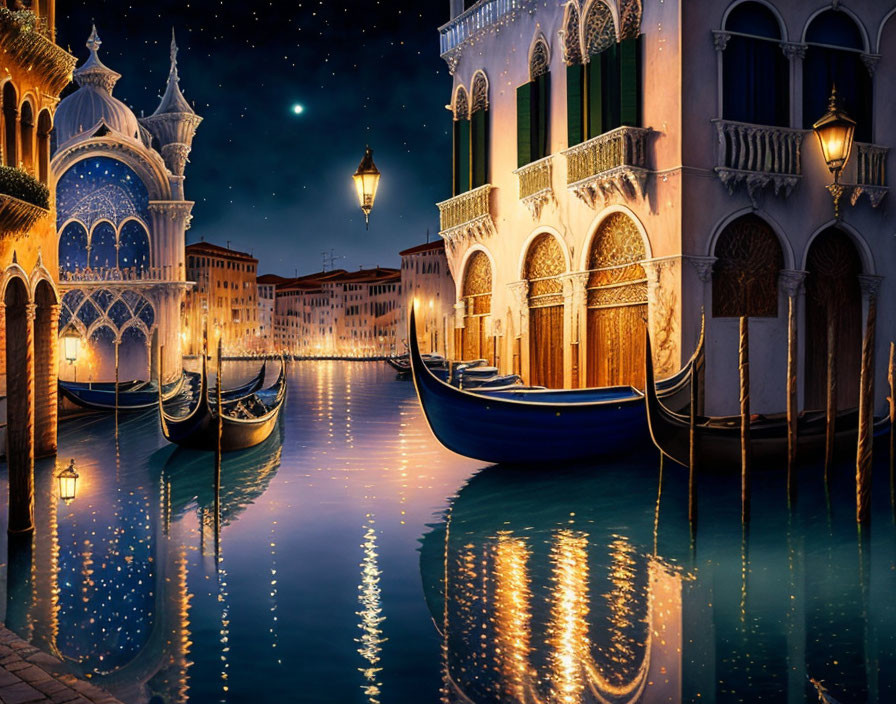 Venetian canal at night with gondolas and historic buildings