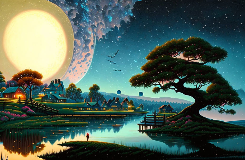 Fantastical night landscape with giant moon, glowing houses, serene lake, trees, person on dock
