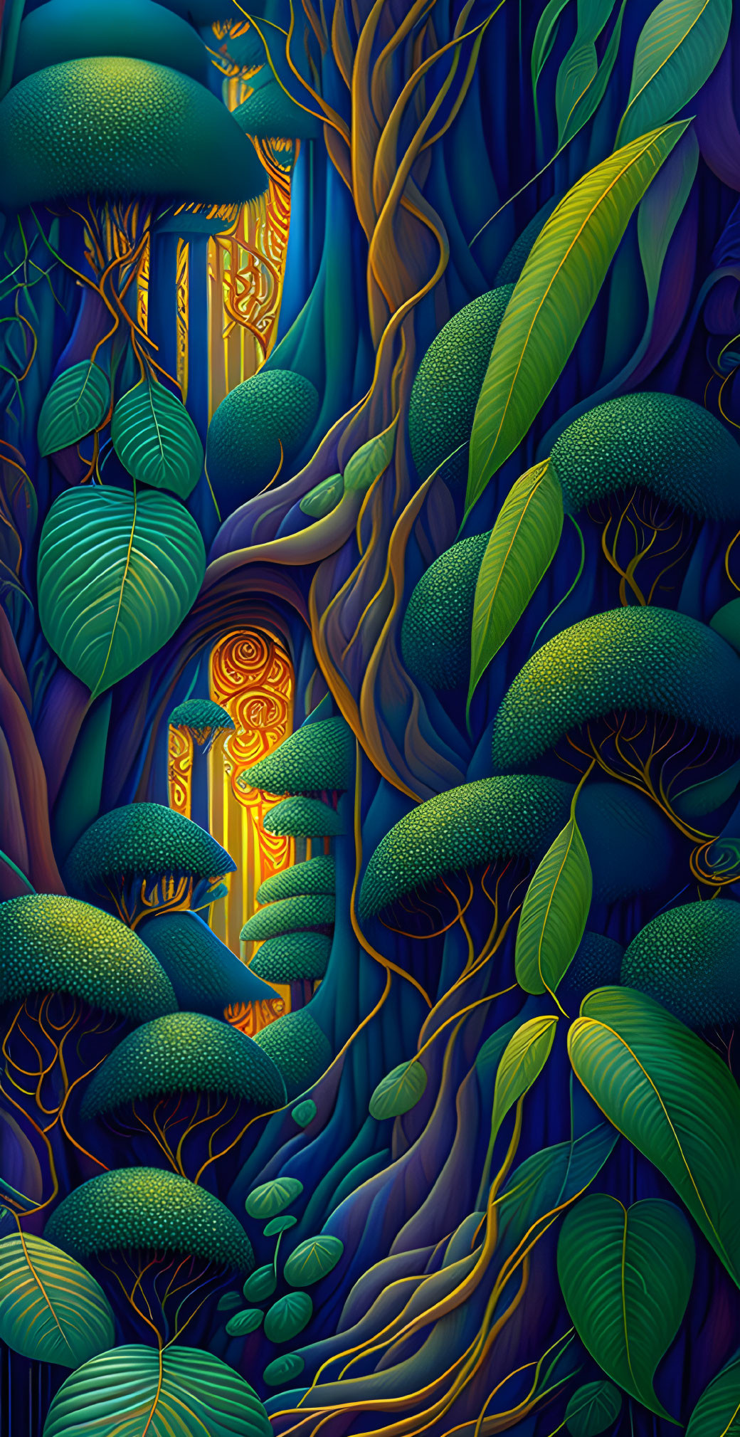 Stylized forest scene with blue and green hues and hidden glowing door