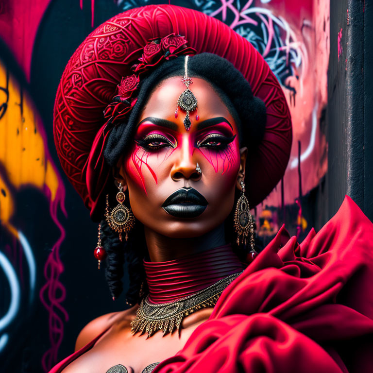 Striking makeup woman in red headwrap against graffiti backdrop