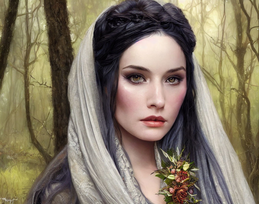 Digital portrait of woman with black braided hair and flowers against misty forest backdrop