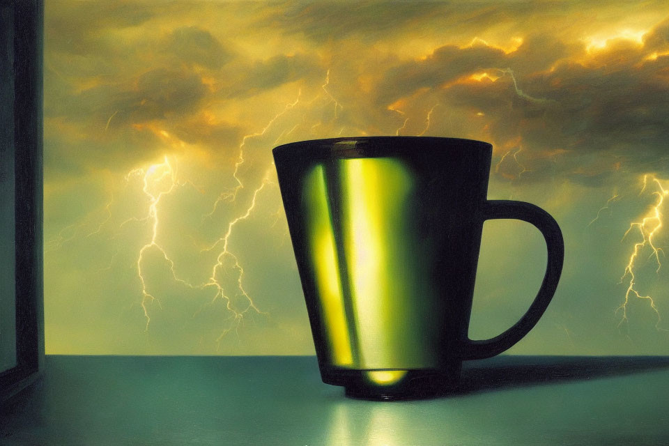 Black mug reflecting green light on stormy sky background