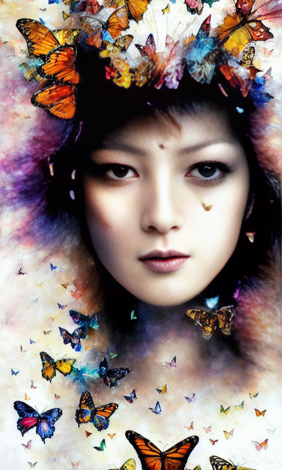 Serene woman with colorful butterflies in hair against dreamy background