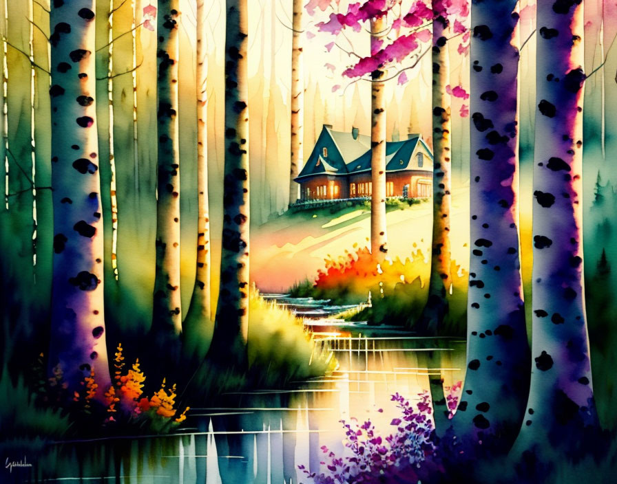 Vibrant watercolor painting of forest cabin at sunset