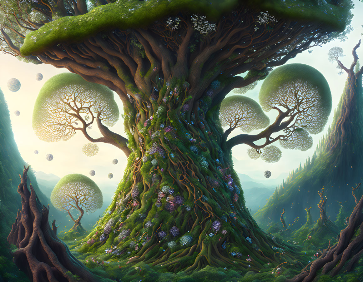 Enchanting fantasy landscape with massive trees, glowing orbs, and lush greenery