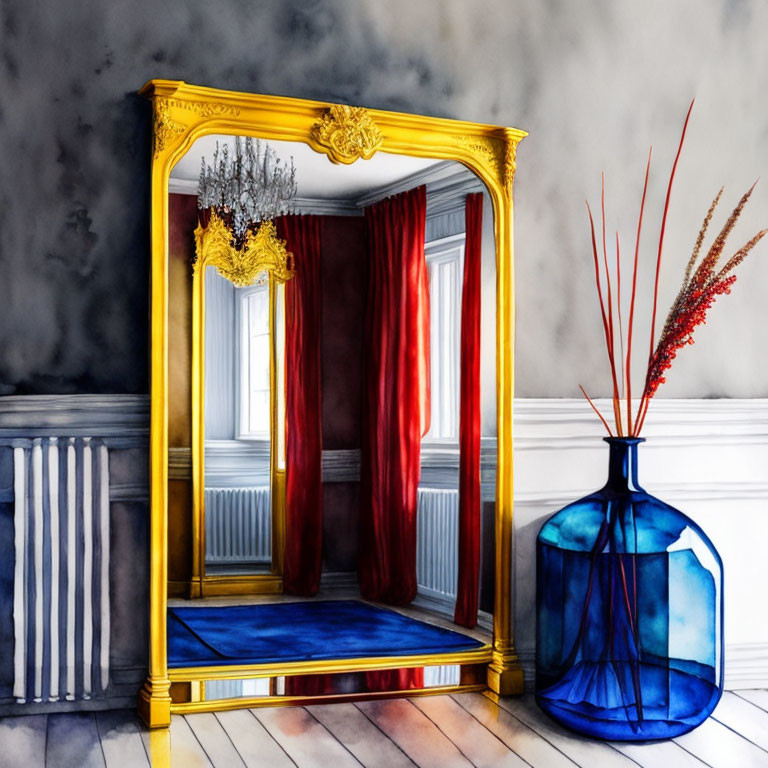 Ornate golden mirror reflecting room with red curtains, white radiator, wood floor, and vase with