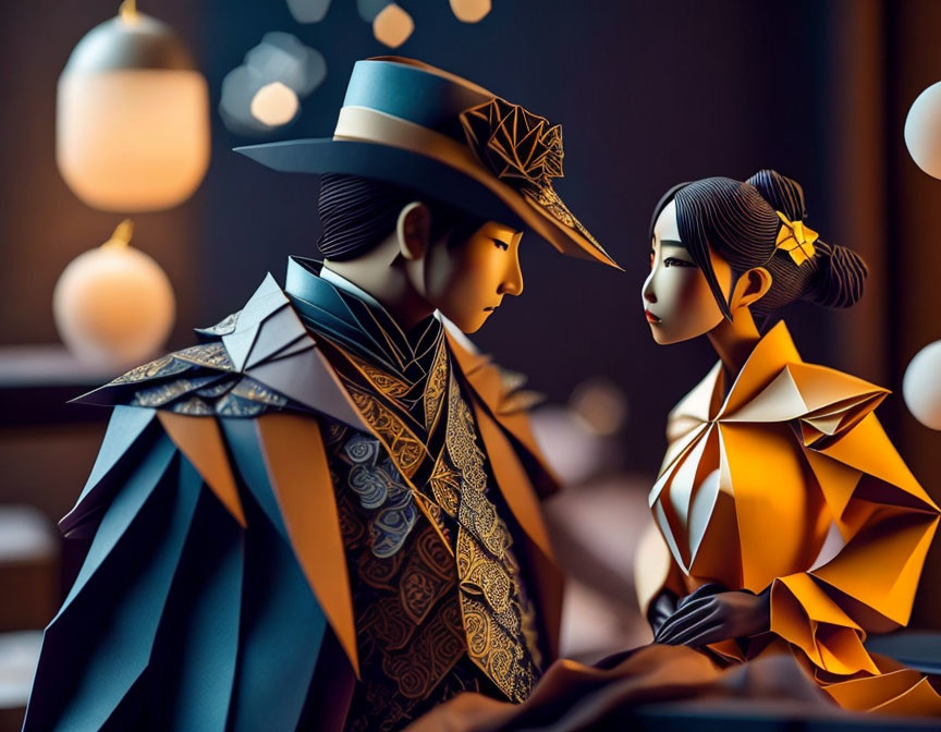 Stylized origami figures in dim room with lanterns