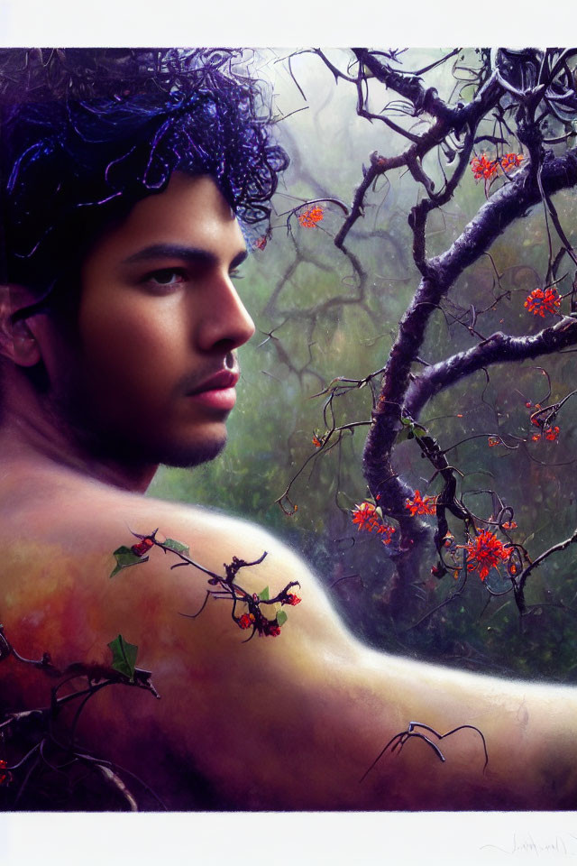 Male figure with nature elements in misty backdrop: digital artwork