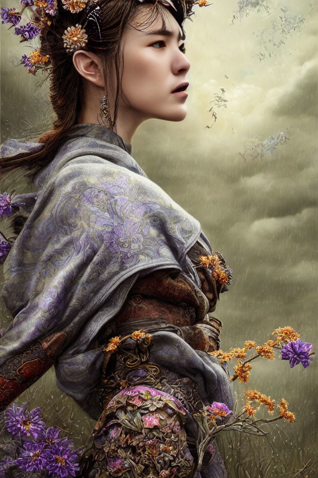 Elaborately dressed woman with floral hair in cloudy setting