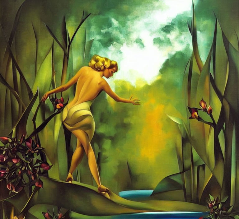 Surreal painting of person crossing stream on bamboo bridge