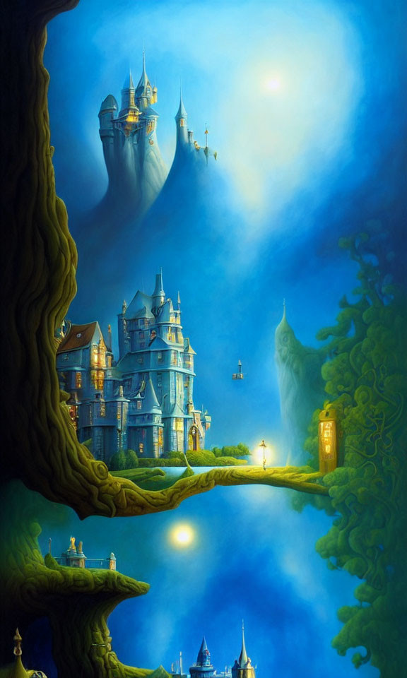 Fantastical castle painting with lush trees and moonlit sky