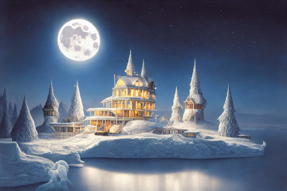 Victorian-style mansion in snow-covered island under full moon