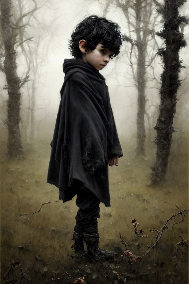 Young boy in dark cloak surrounded by misty forest and bare trees