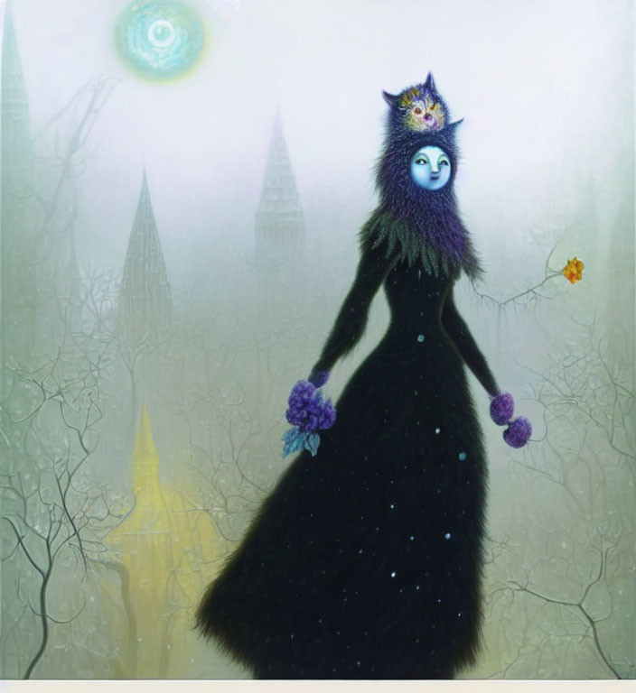 Mystical anthropomorphic feline in dark dress in enchanting forest