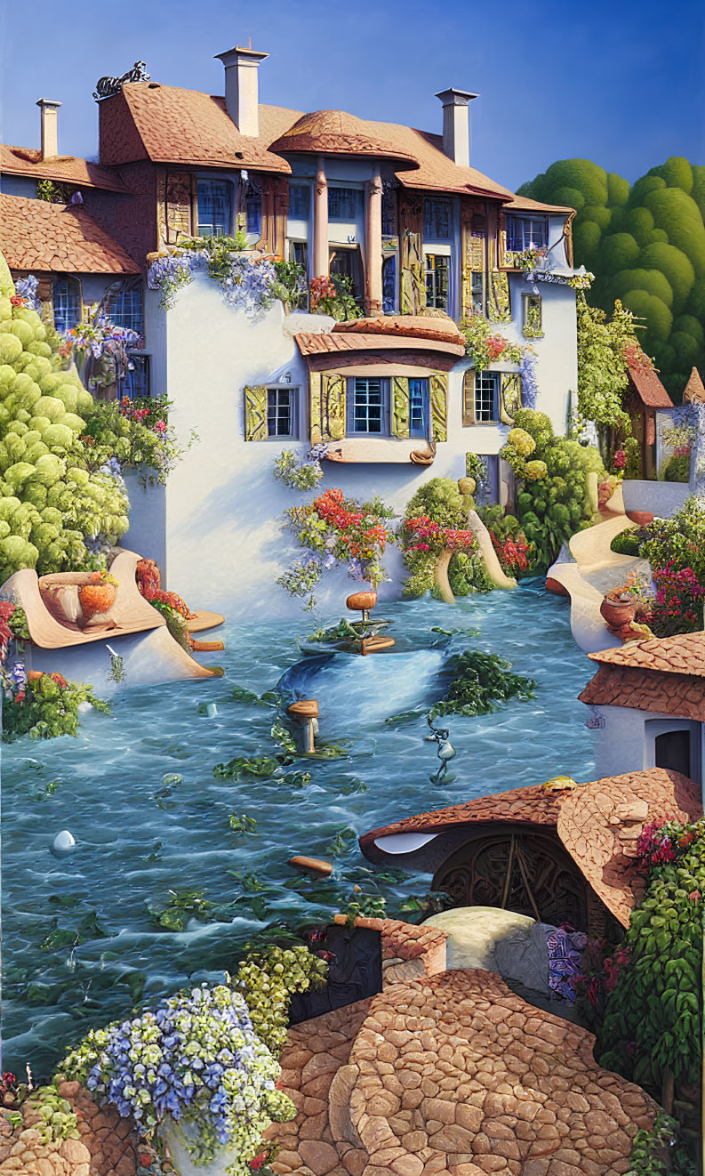 Serene multi-tiered village painting with flowing canals