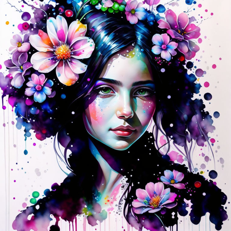 Colorful girl illustration with floral hair adornments in purple, pink, and blue.