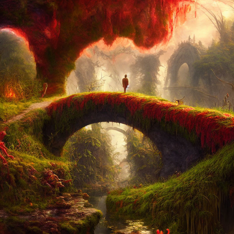 Figure on overgrown stone bridge in misty landscape with red foliage and river