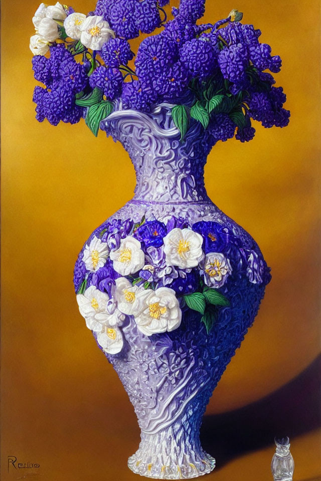 Ornate purple vase with embossed flowers on creamy yellow background