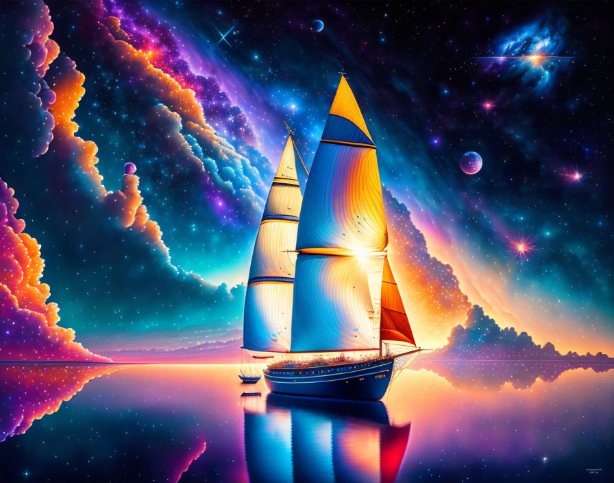 Colorful sailboat illustration on calm cosmic waters with stars and planets.