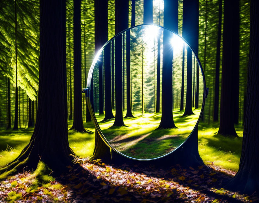 Circular mirror reflecting sunlit forest amidst tall trees and autumn leaves.