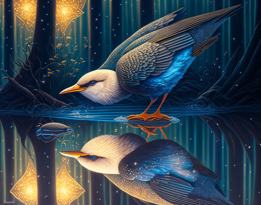 Stylized birds with starry wings near glowing mushrooms in magical forest