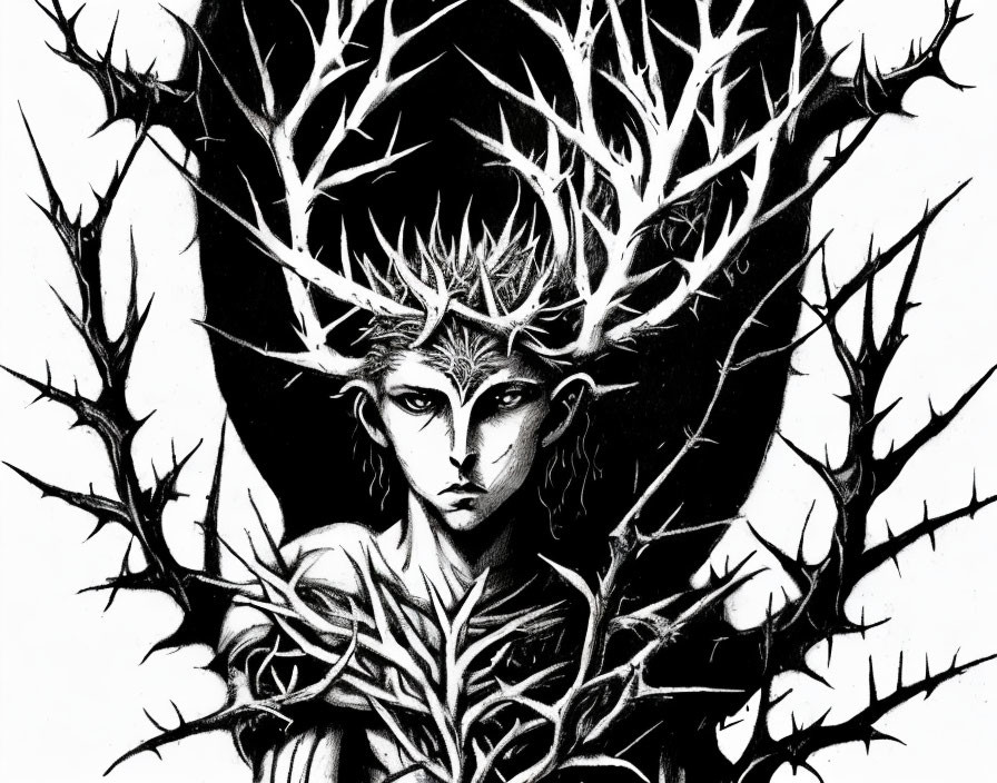 Monochromatic artwork featuring humanoid figure with antlers and mystical aura