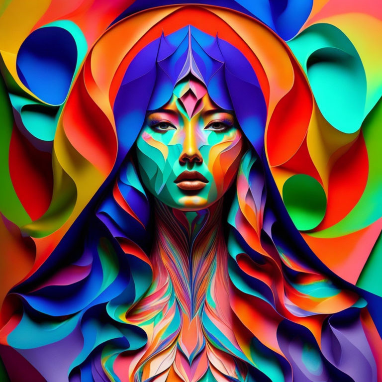 Colorful digital artwork of woman's face with flowing patterns in dynamic, surreal style