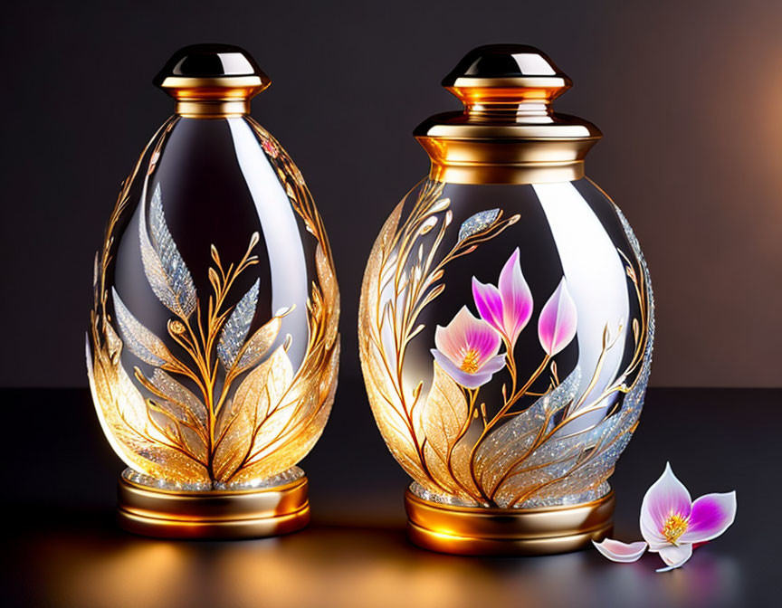 Ornate vases with golden and floral designs on dark backdrop