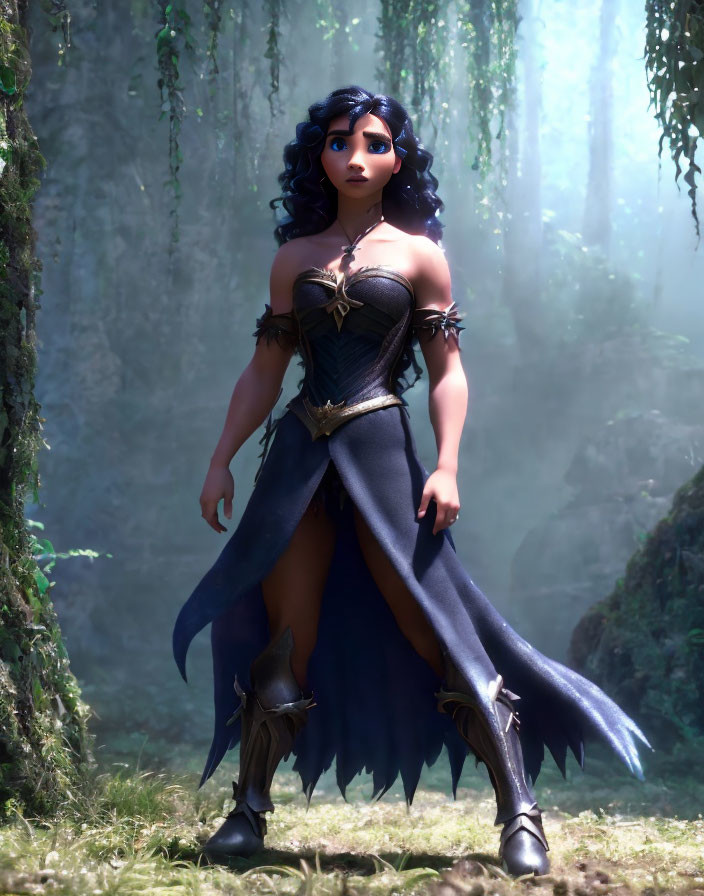 Dark Curly-Haired Female Character in Fantasy Armor in Mystical Forest