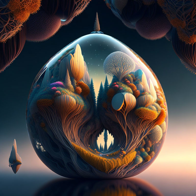 Surreal vivid forest landscapes in floating spheres against dusky sky