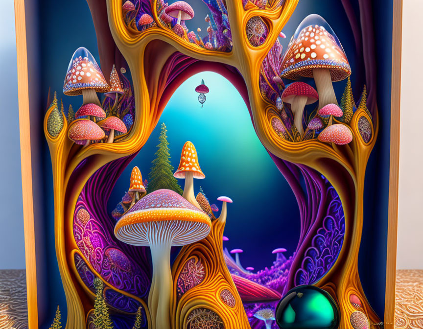 Colorful oversized mushrooms in fairy-tale tree structure against blue backdrop