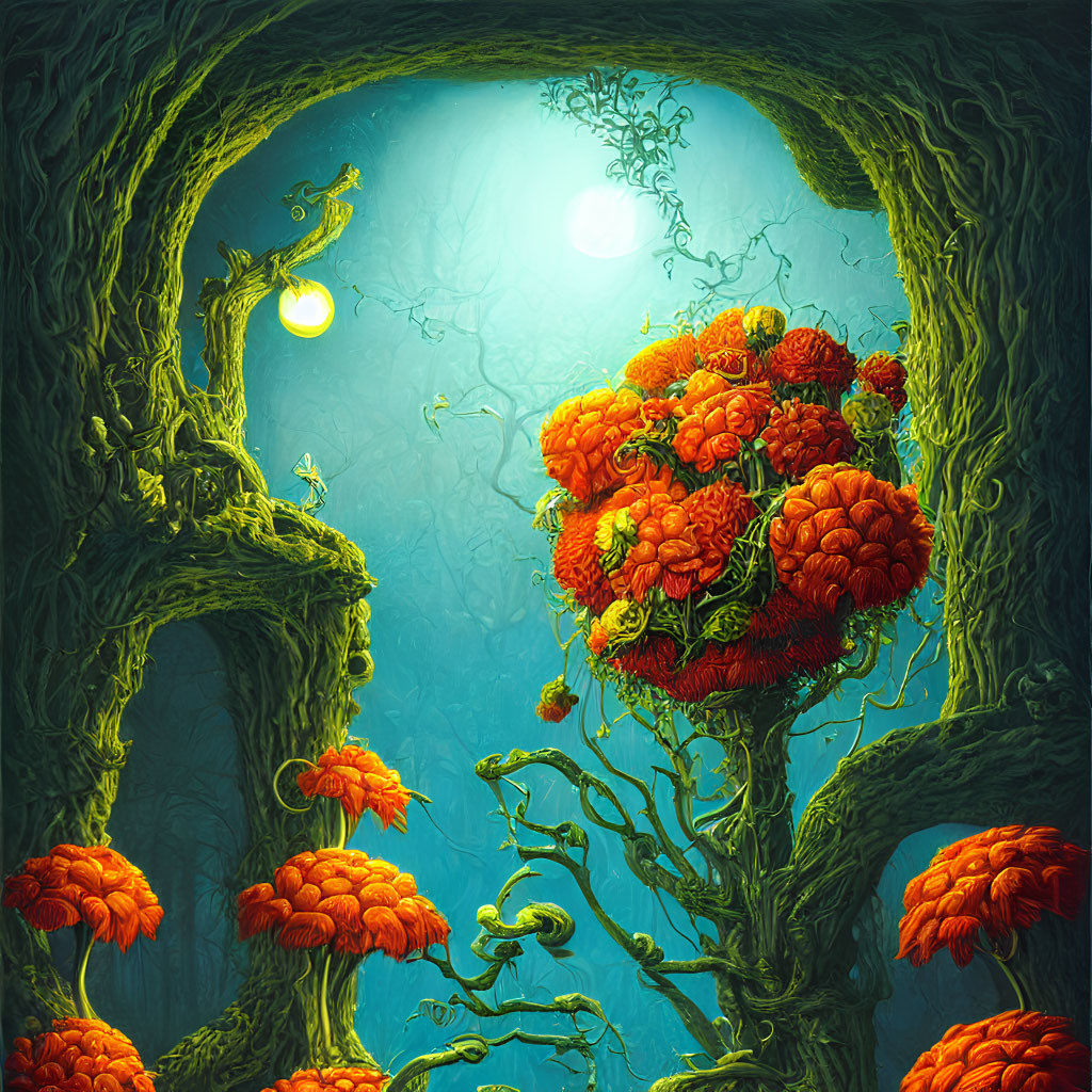 Fantastical forest scene with oversized orange flora and twisted green trees under turquoise light