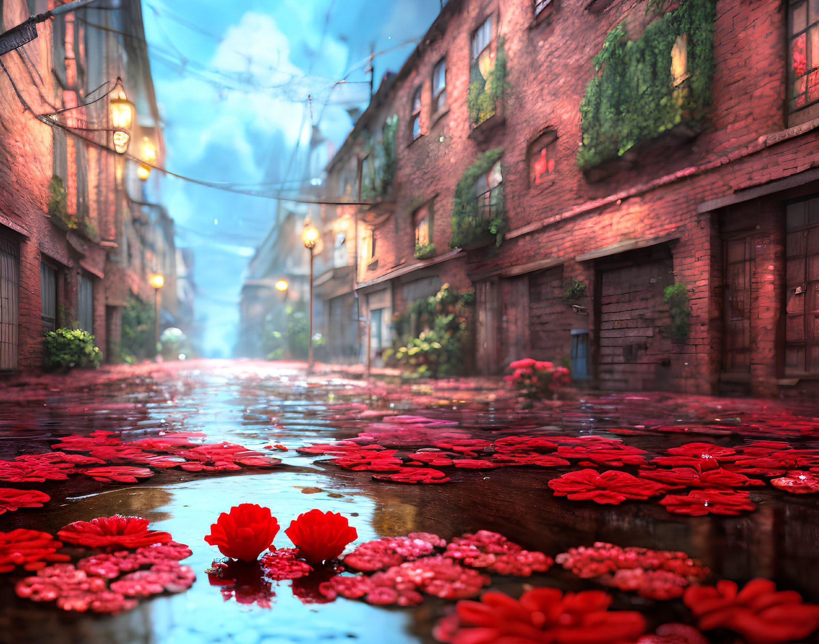 Quaint cobblestone street with ivy-covered brick buildings and vibrant red flowers.