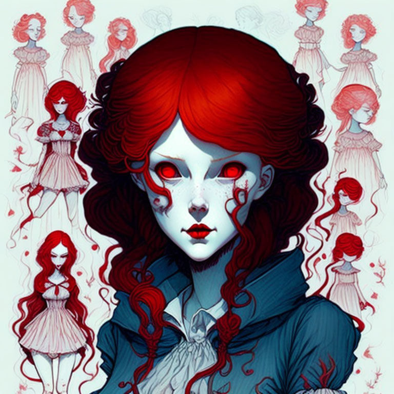 Stylized illustration: Red-haired girl with pale skin and red markings