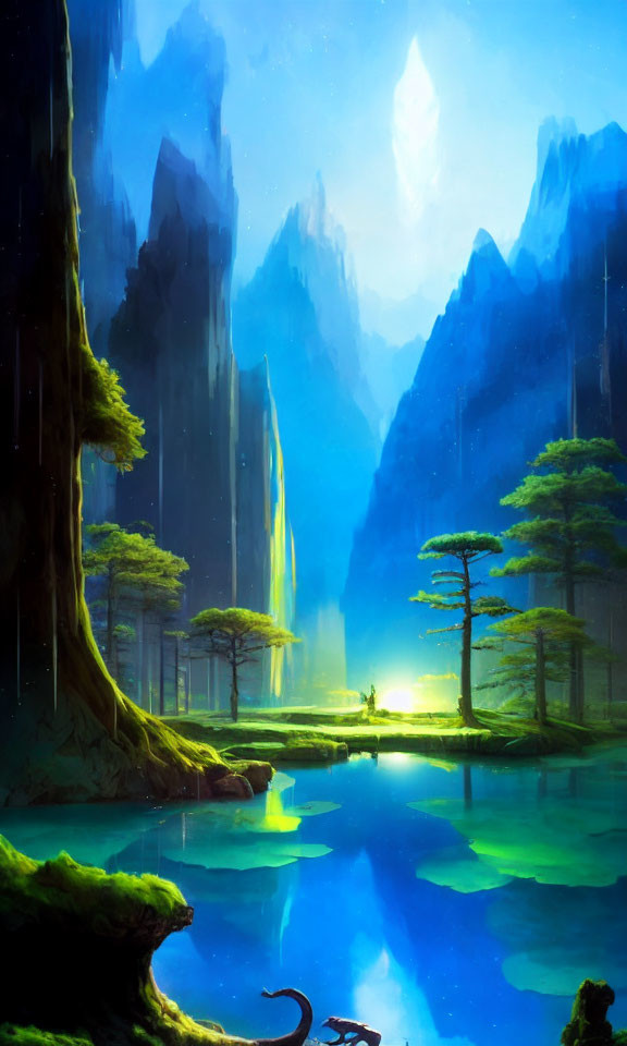 Mystical landscape with towering cliffs, serene lake, waterfalls & ethereal light