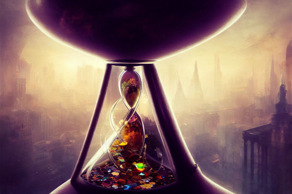 Surreal image: Large hourglass over ancient cityscape with colorful gems