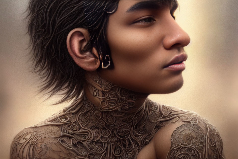 Portrait of a person with intricate neck and shoulder tattoos, detailed ear piercing, and styled hair