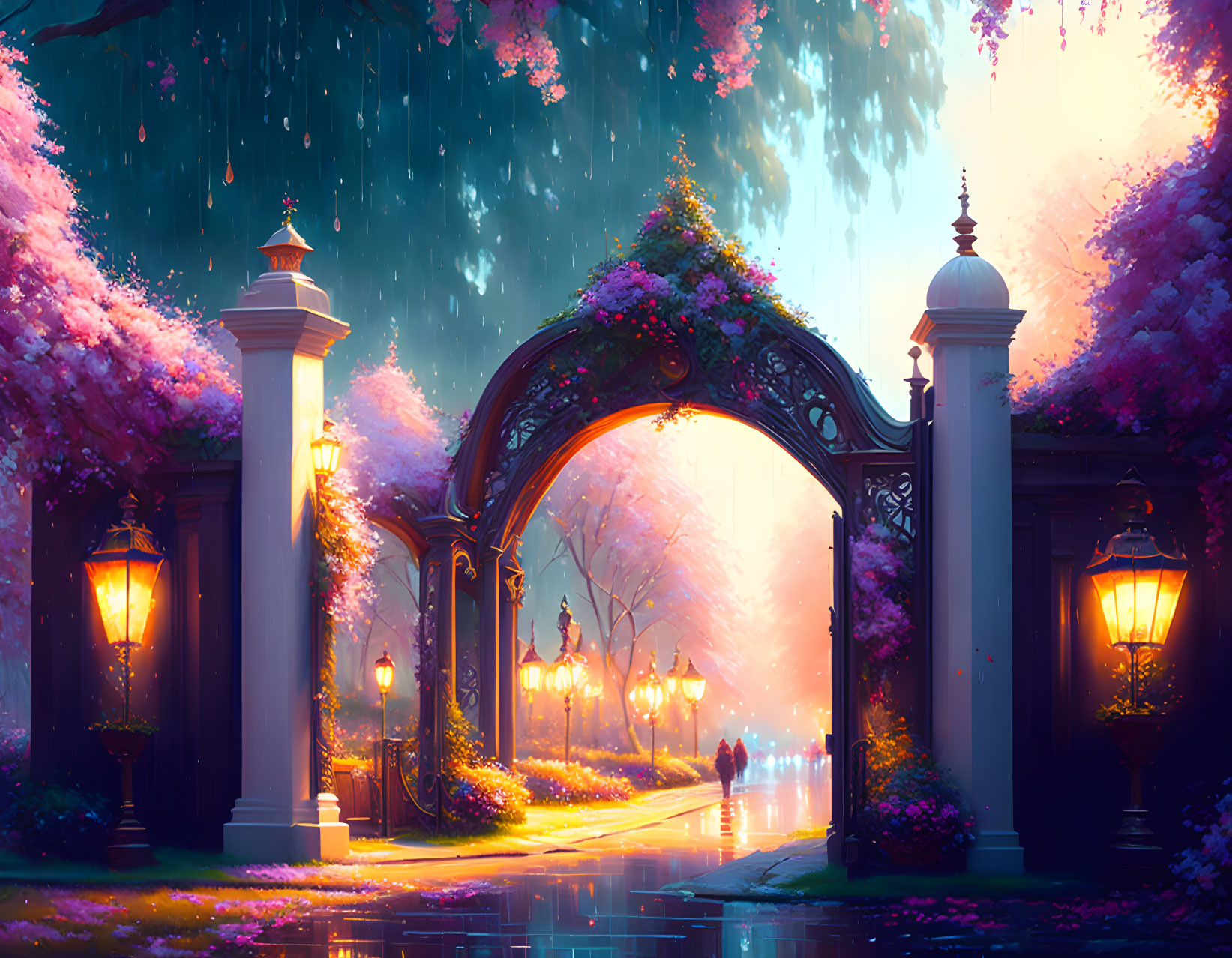 Rain-soaked pathway with ornate archway and glowing street lamps.