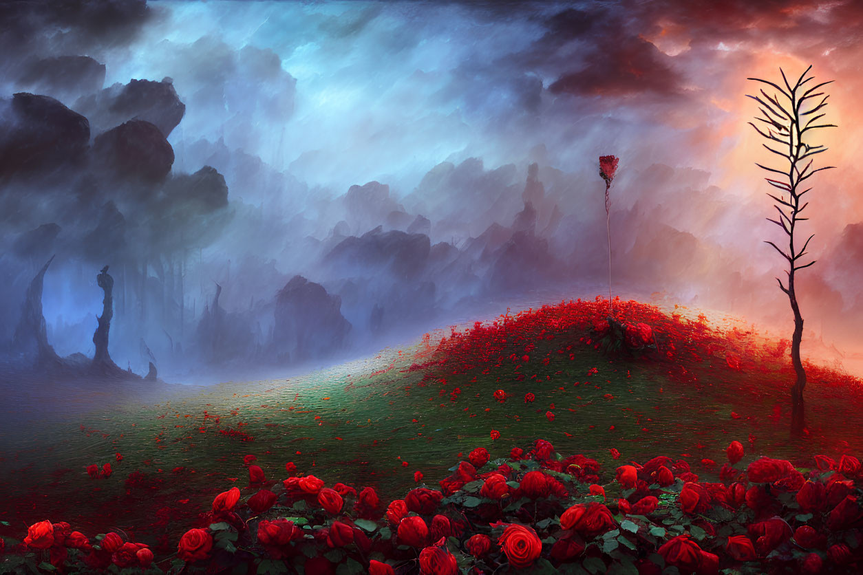 Mystical landscape with red roses, barren tree, and misty forest