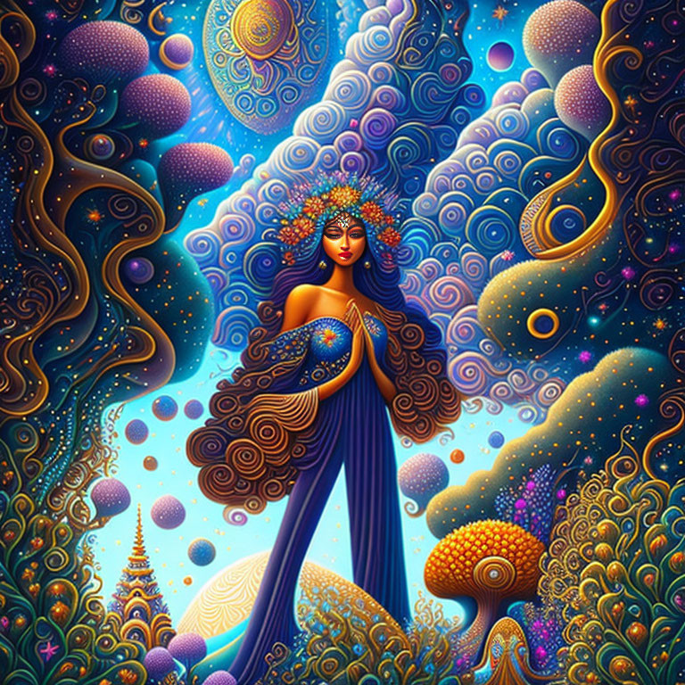 Colorful cosmic-themed illustration of a woman in vibrant, whimsical surroundings