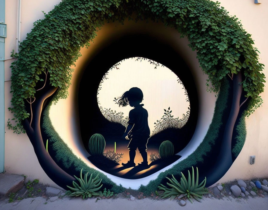 Circular frame mural of child silhouette in lush green plant setting