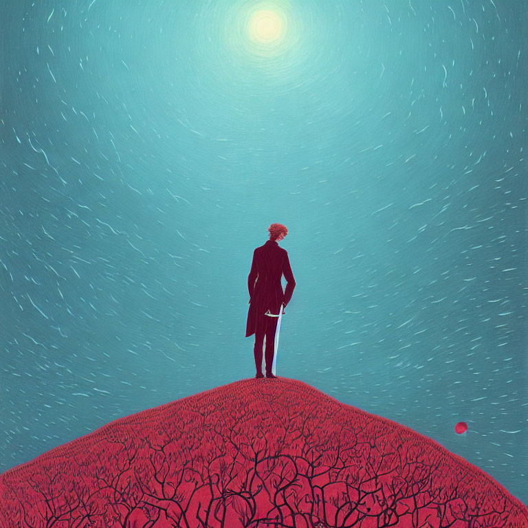 Figure with Umbrella Among Red Trees Under Starry Sky