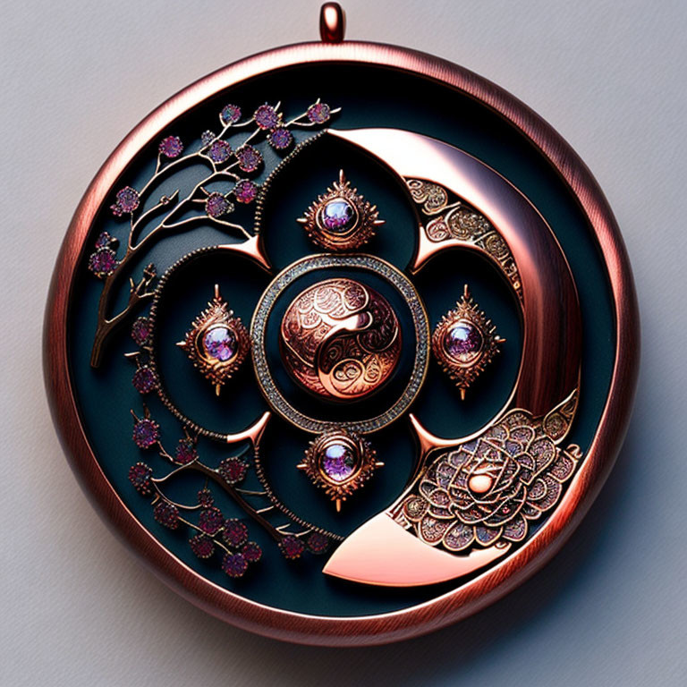 Circular Coppery Amulet with Floral and Paisley Design